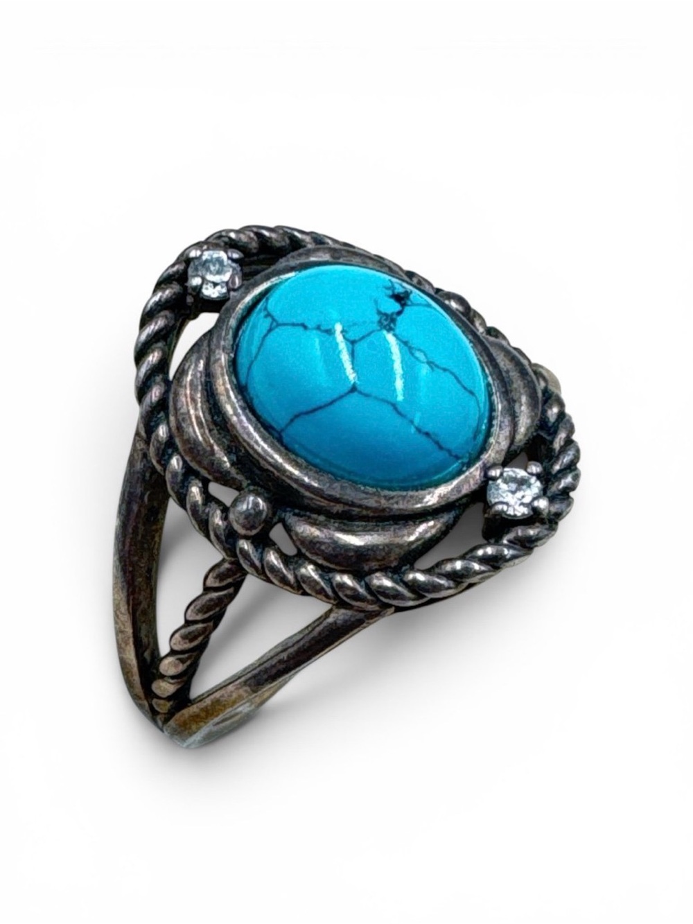 Vintage RJ8 Sterling Silver Howlite & CZ Cocktail Ring Size 8